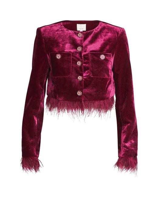 Cinq À Sept Red Velvet Evelina Feather-Trimmed Jacket