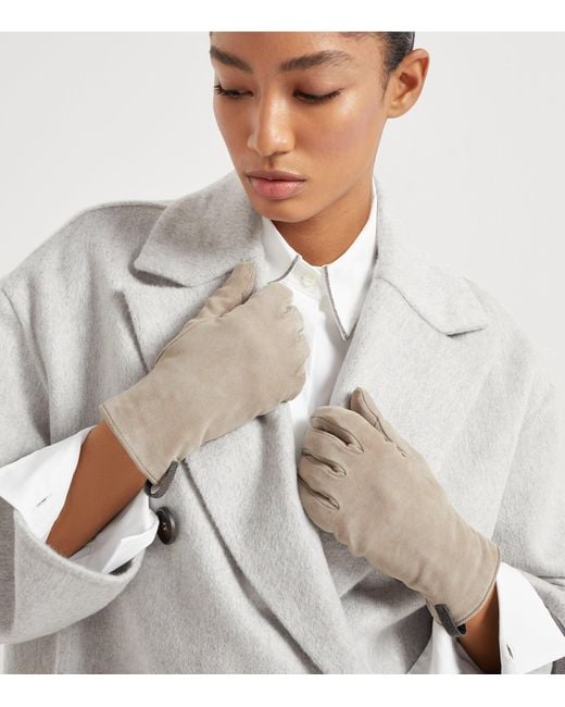Brunello Cucinelli Natural Suede Monili Gloves