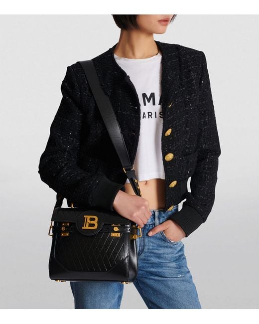 Balmain Black Leather Grid B-buzz 23 Shoulder Bag