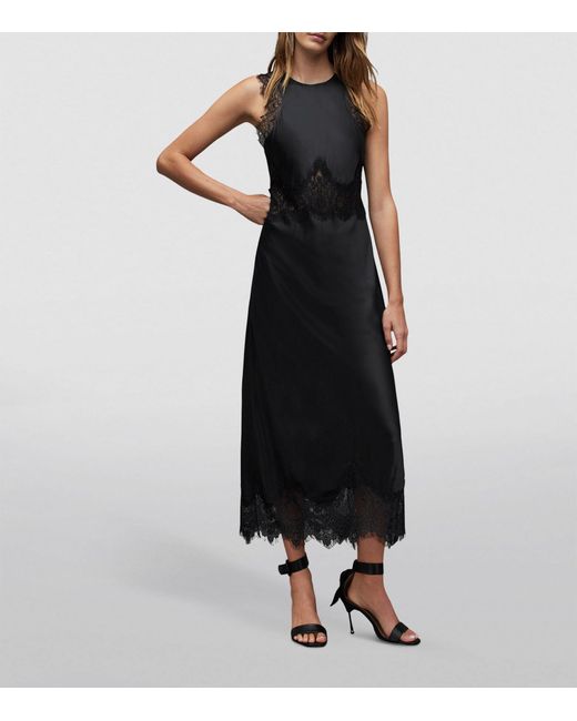 AllSaints Black Alula Lace-trimmed Satin Midi Dress