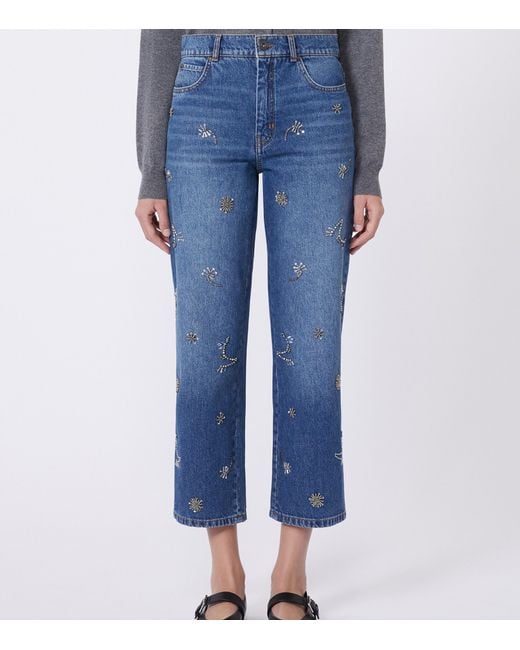 Weekend by Maxmara Blue Embellished Straight Cropped Jeans