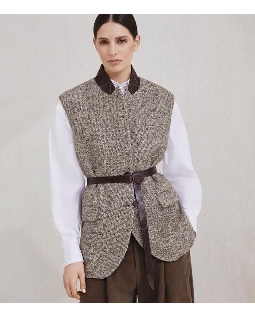 Brunello Cucinelli Gray Virgin Wool-Silk Chevron Belted Vest