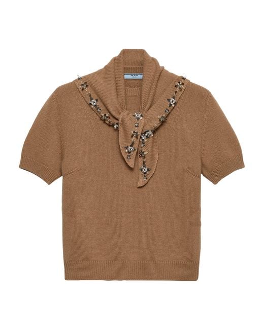 Prada Brown Cashmere Embellished Scarf-Detail Sweater