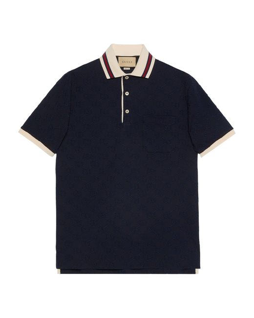 Gucci Blue Cotton Polo Shirt With GG Embroidery for men