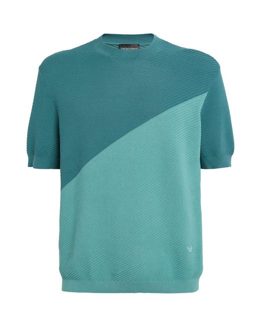 Emporio Armani Blue Diagonal-weave Short-sleeve Sweater