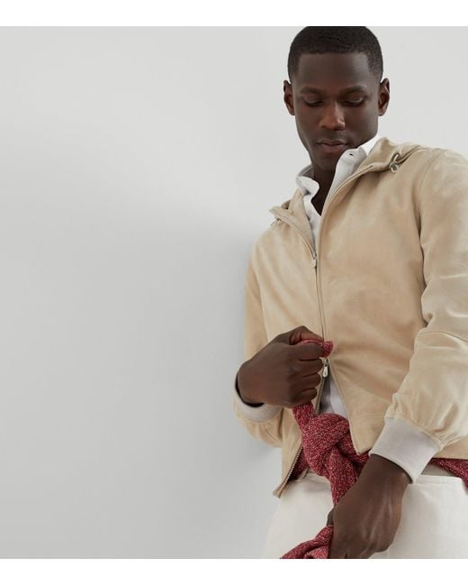 Brunello Cucinelli White Suede Bomber Jacket for men
