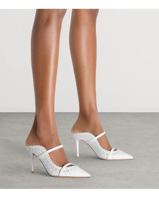 Malone Souliers White Nappa Leather Broderie Maureen Heeled Mules 85