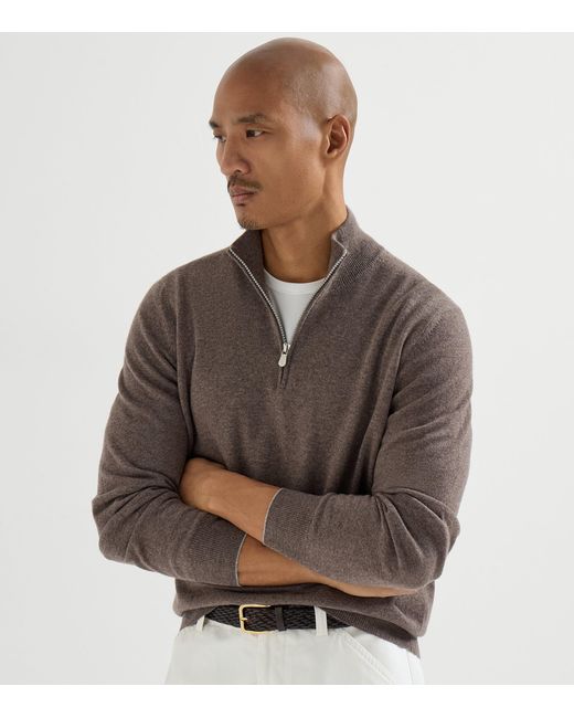 Brunello Cucinelli Brown Cashmere Half-Zip Sweater for men