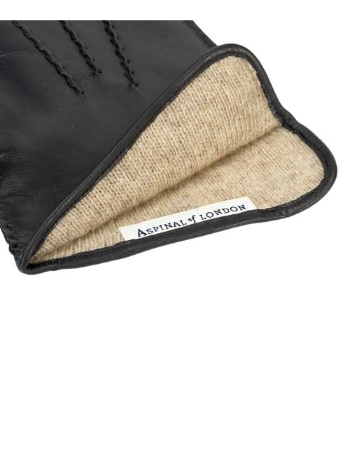 Aspinal Black Wool-Cashmere Lined Leather Gloves for men