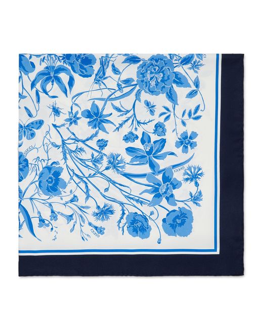 Gucci Blue Silk Floral Print Scarf