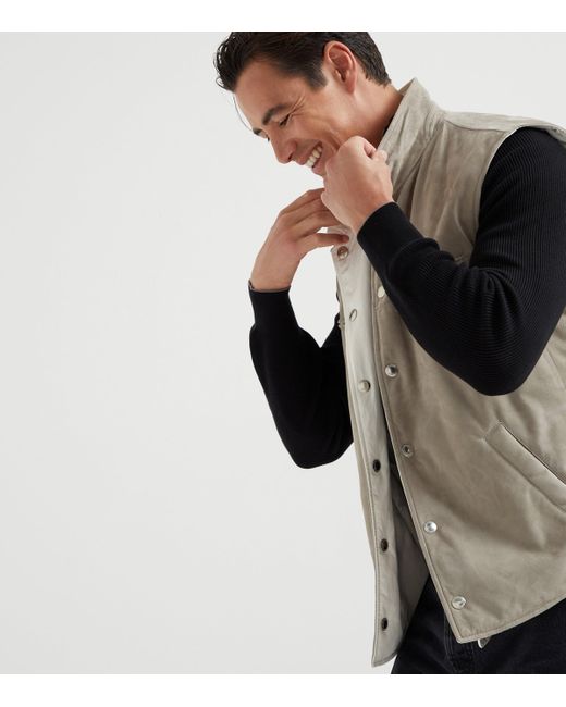 Brunello Cucinelli Brown Leather Reversible Padded Gilet for men