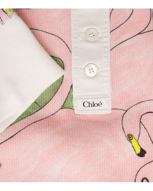 Chloé Pink Cotton Flamingo Print Henley T-Shirt
