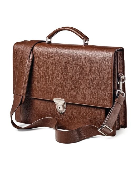 Aspinal Brown Leather City Laptop Briefcase for men