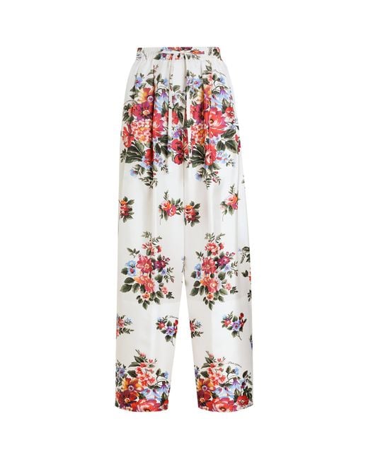 Dolce & Gabbana White Satin Floral Drawstring Trousers