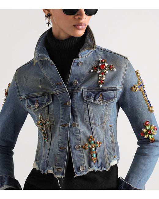 Dolce & Gabbana Blue Embellished-Cross Denim Jacket