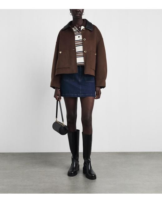 Maje Brown Wool-Blend Leather-Collar Jacket