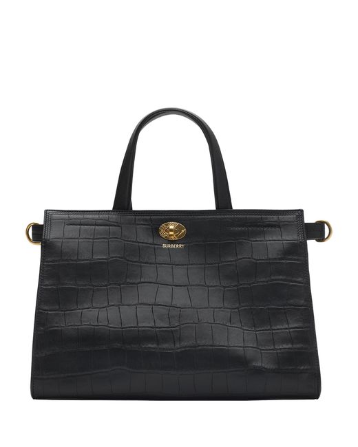 Burberry Black Small Calfskin Croc-Embossed Cotswolds Tote Bag