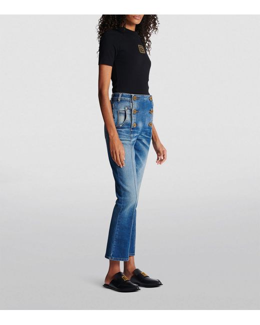 Balmain Blue Gold-buttoned High-rise Flared Jeans