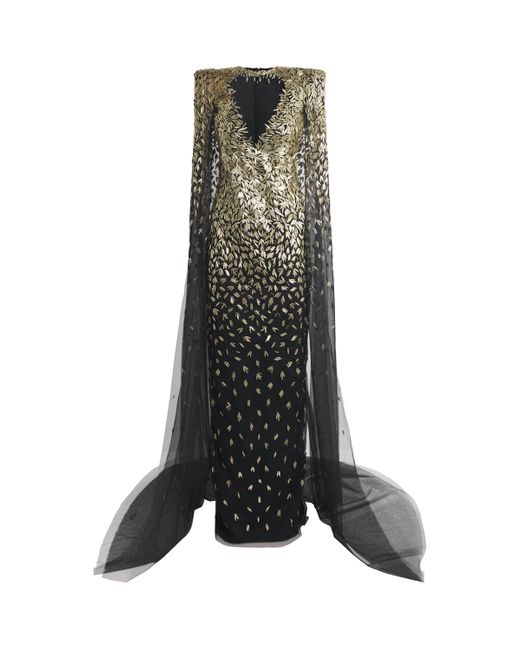 Pamella Roland Gray Tulle Embellished Cape Gown
