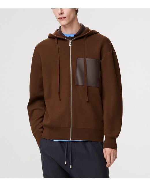 Loewe Brown Wool-Blend Leather-Pocket Hoodie for men