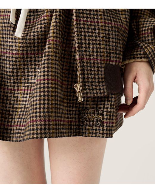 Miu Miu Brown Wool Houndstooth Drawstring Mini Skirt