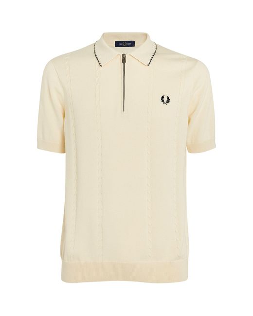 Fred Perry Cotton Cable Knit Zip Up Polo Shirt In Beige Natural For 