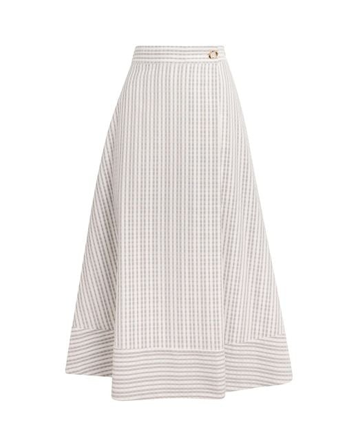 Agnona White Cotton-Silk Stripe Midi Skirt