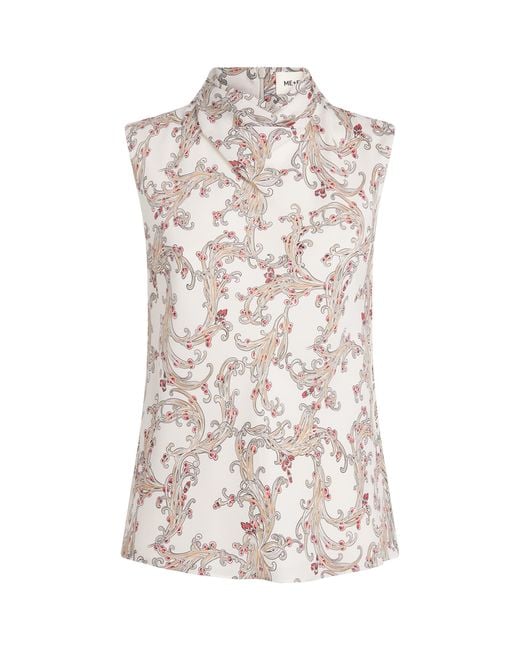 ME+EM White Silk Printed Sleeveless Top