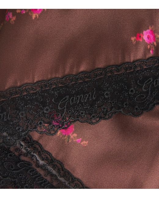 Ganni Red Satin Floral Lace-Trimmed Shorts