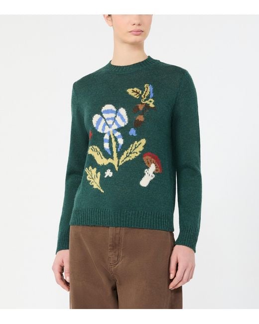 Weekend by Maxmara Green Alpaca-Wool-Blend Floral Sweater