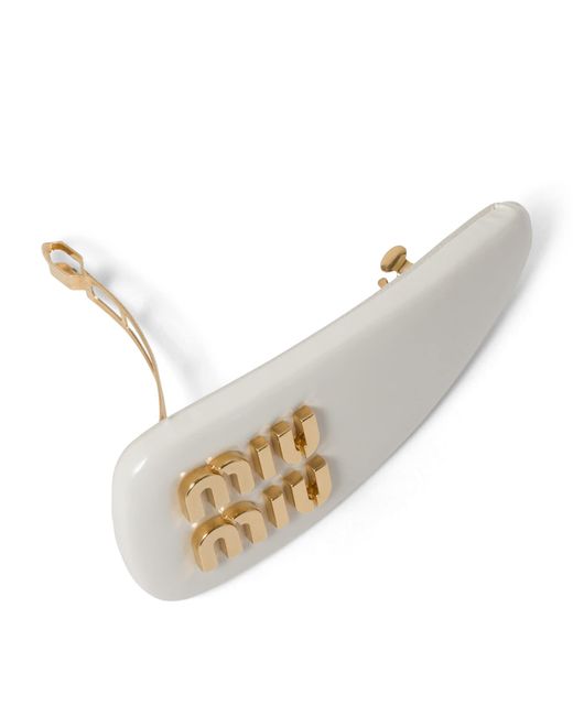 Miu Miu White Leather Logo Hair Clip