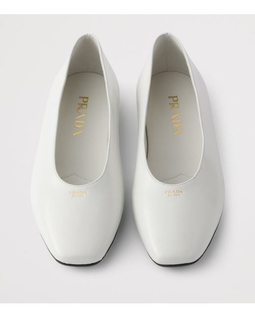 Prada White Brushed Leather Logo Ballet Flats