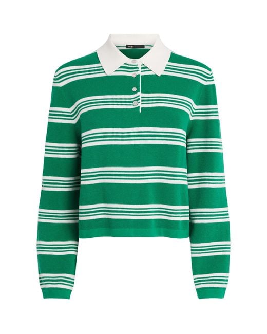 Maje Green Cotton-Blend Stripe Polo Sweater