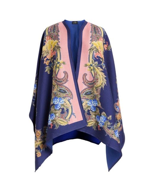 Etro Blue Wool-Blend Floral Paisley Cape