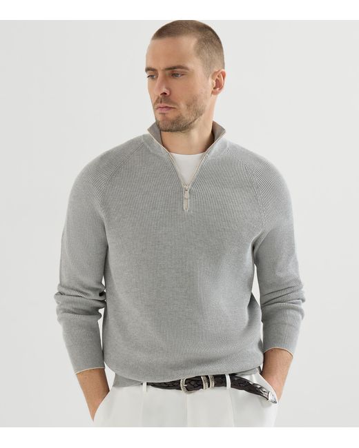 Brunello Cucinelli Gray Cotton Rib-Knit Quarter-Zip Sweater for men
