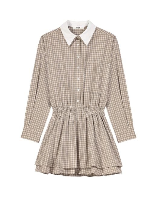 Maje Brown Cotton Check Mini Shirt Dress