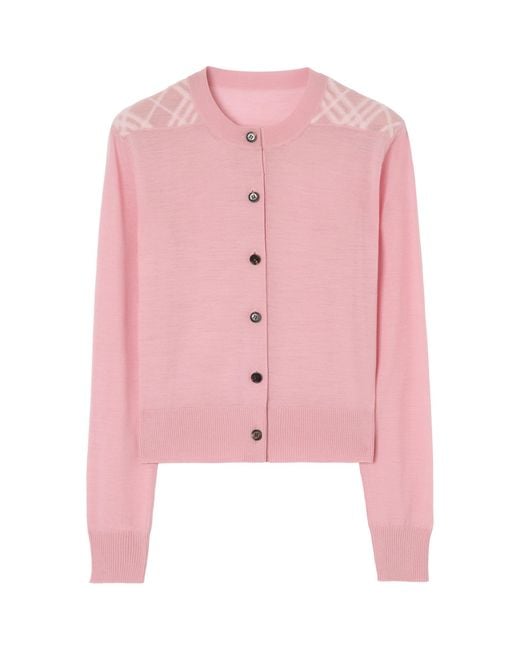 Burberry Pink Wool-Silk Check Panel Cardigan