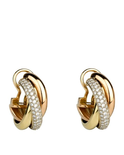 Cartier Metallic White, Yellow, Rose Gold And Diamond Trinity Hoop Earrings