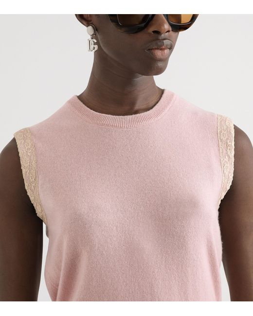 Dolce & Gabbana Pink Cashmere Lace-Trim Tank Top