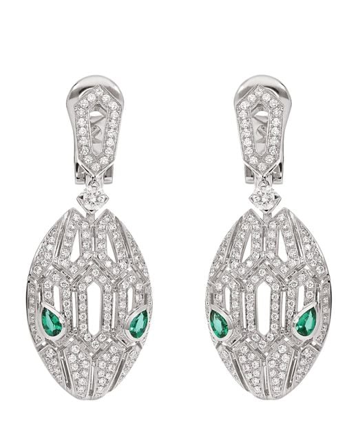 BVLGARI Metallic White Gold, Diamond And Emerald Serpenti Earrings