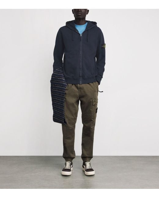 Stone Island Blue Cotton Compass Logo Zip-Up Hoodie for men