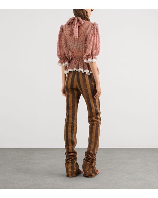 Dolce & Gabbana Brown Leather Striped Slim Trousers