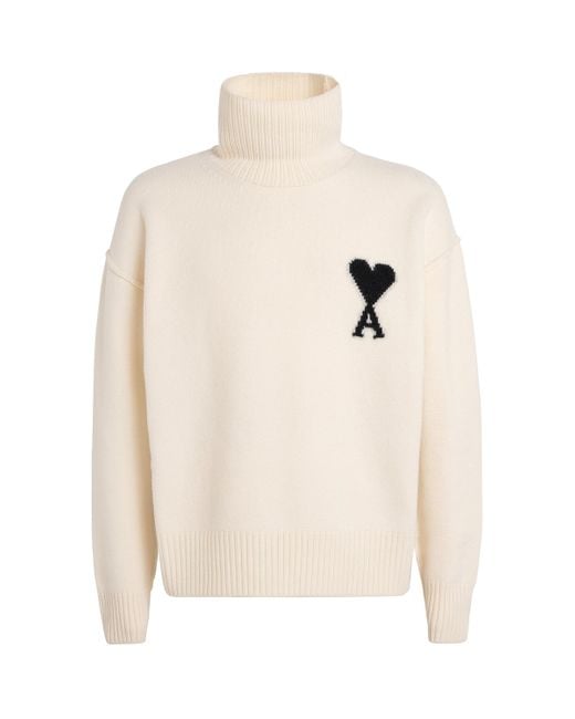 AMI White Virgin Wool Ami De Coeur Funnel-Neck Sweater for men