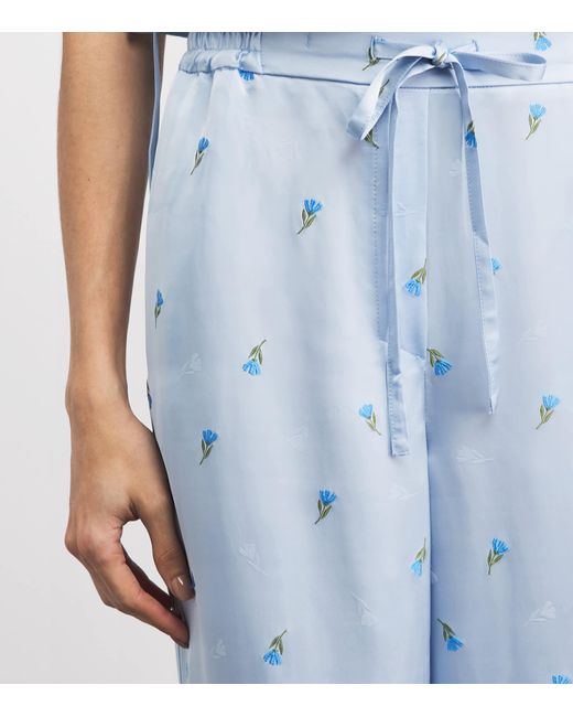 Claudie Pierlot Blue Satin Floral Wide-Leg Trousers