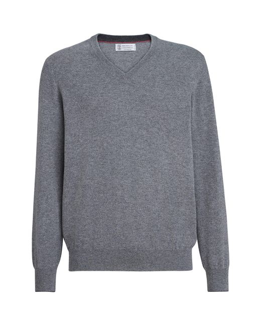 Brunello Cucinelli Gray Cashmere V-Neck Sweater for men