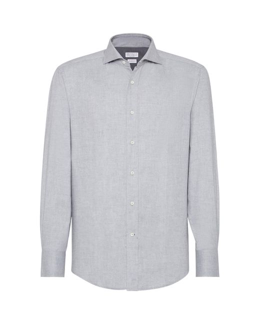 Brunello Cucinelli White Cotton-Blend Chevron Flannel Shirt for men