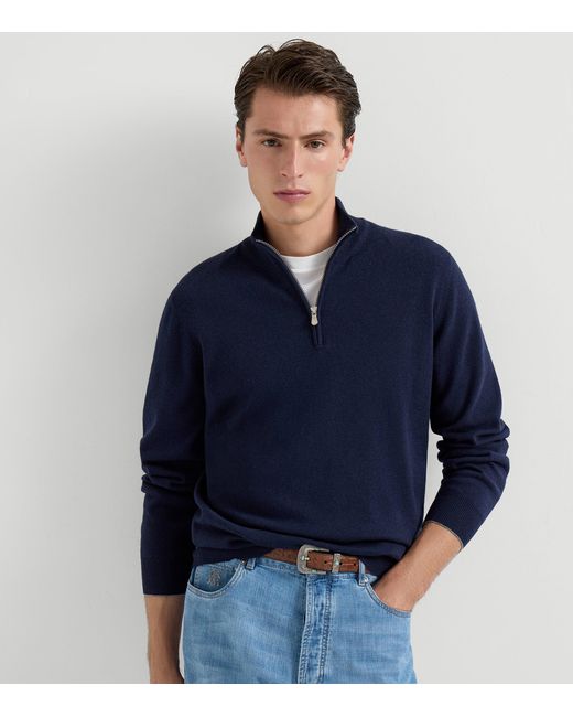 Brunello Cucinelli Blue Cashmere Quarter-Zip Sweater for men