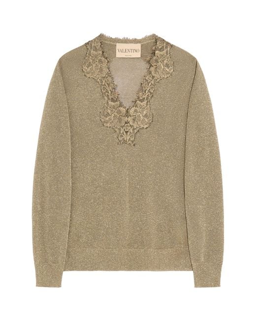 Valentino Natural Lace-Trim V-Neck Sweater