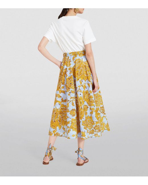 LaDoubleJ Yellow Cotton Floral Midi Skirt
