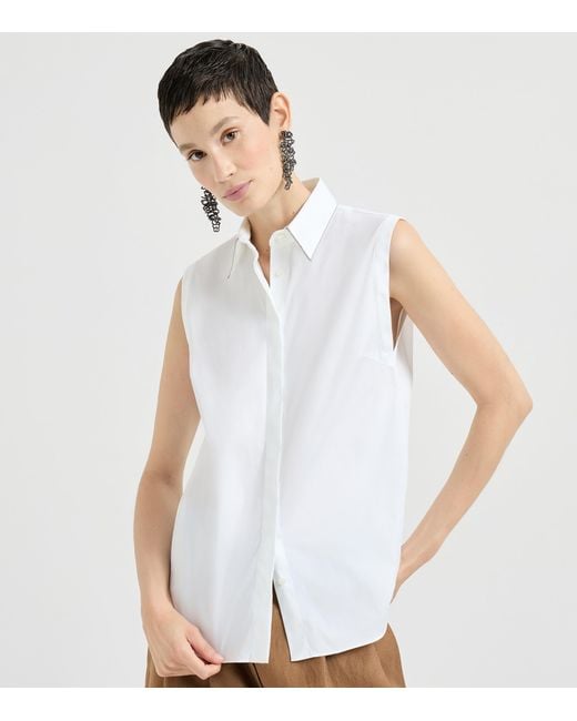 Brunello Cucinelli White Stretch-Cotton Poplin Sleeveless Shirt